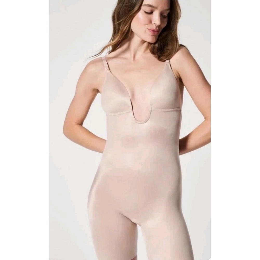 Spanx Bodysuit Womens L Nude Suit Your Fancy Plunge Bra Low-Back Shapewear *read